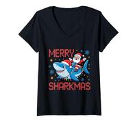Mujer Merry Sharkmas Funny Santa Riding Shark Luces de Navidad Camiseta Cuello V