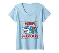 Mujer Merry Sharkmas Ugly Sweater Santa Riding Shark con Luces Camiseta Cuello V