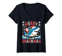 Mujer Merry Sharkmas Ugly Sweater Santa Riding Shark con Luces Camiseta Cuello V