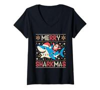 Mujer Merry Sharkmas Ugly Sweater Santa Riding Shark con Luces Camiseta Cuello V