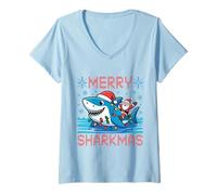Mujer Merry Sharkmas Ugly Sweater Santa Shark Luces de Navidad Camiseta Cuello V
