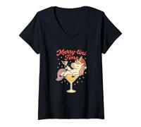 Mujer Merry-tini Time Funny Unicorn Christmas Cocktail Holiday Juego de Palabras Camiseta Cuello V