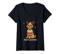 Mujer Merry Woofmas Goldendoodle Navidad Reno Perro Vacaciones Camiseta Cuello V