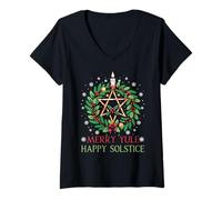 Mujer Merry Yule Feliz Solsticio Pagano Navidad Temporada Navidad Camiseta Cuello V