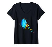 Mujer Mes de concienciación sobre el Autismo Mariposa Azul Rompecabezas Salud Mental Camiseta Cuello V