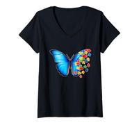 Mujer Mes de concienciación sobre el Autismo Mariposa Azul Rompecabezas Salud Mental Camiseta Cuello V