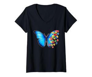 Mujer Mes de concienciación sobre el Autismo Mariposa Azul Rompecabezas Salud Mental Camiseta Cuello V