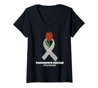 Mujer Mes de concientización sobre la Enfermedad de Parkinson Abril Ropa de Apoyo Gris Camiseta Cuello V