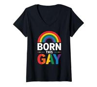 Mujer Mes del Orgullo LGBT Gay | Retro Rainbow Born Gay Pride Parade Camiseta Cuello V