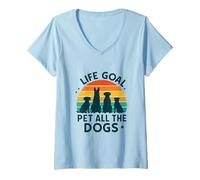 Mujer Meta de Vida Acariciar a Todos los Perros Atardecer Retro Camiseta Cuello V