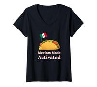 Mujer Mexican Mode Activated Mexico Flag Mexican Cuisine Tacos Camiseta Cuello V