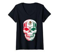 Mujer Mexico Skull Patriotic Mexican Aztec Day of the Dead Camiseta Cuello V