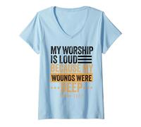 Mujer Mi adoración es Fuerte Porque mis heridas Eran Profundas Salmo 147:3 Camiseta Cuello V