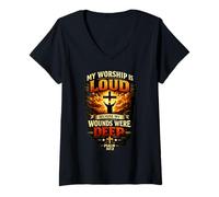 Mujer Mi adoración es Fuerte Porque mis heridas Eran Profundas Salmo 147:3 Camiseta Cuello V