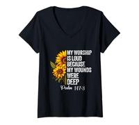 Mujer Mi adoración es Fuerte Porque mis heridas Eran Profundas Salmo 147:3 Camiseta Cuello V