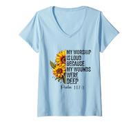 Mujer Mi adoración es Fuerte Porque mis heridas Eran Profundas Salmo 147:3 Camiseta Cuello V