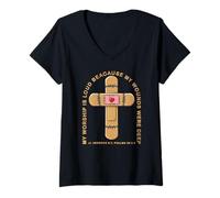 Mujer Mi adoración es ruidosa Cruz vendada con Escritura y corazón Camiseta Cuello V
