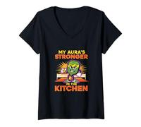 Mujer Mi Aura es más Fuerte en la Cocina Jugador de Pickleball Camiseta Cuello V