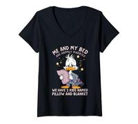 Mujer Mi Cama y yo Estamos felizmente Casados Tenemos 2 Hijos llamados Pato Camiseta Cuello V