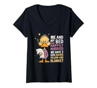 Mujer Mi Cama y yo Estamos felizmente Casados Tenemos 2 Hijos llamados Pato Camiseta Cuello V