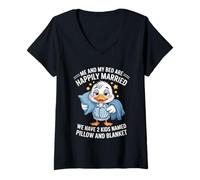 Mujer Mi Cama y yo Estamos felizmente Casados Tenemos 2 Hijos llamados Pato Camiseta Cuello V