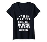 Mujer mi Cerebro es un Libro Cerrado Pero mi Boca es una Ventana Abierta Camiseta Cuello V