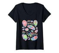 Mujer Mi Cerebro está derritiendo Collage Surrealista Relojes deformados Mareados Camiseta Cuello V