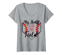 Mujer Mi corazón está en el Campo de béisbol Madre Padre Hermana Hijo Camiseta Cuello V