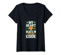 Mujer Mi corazón Late en código Binario Camiseta Cuello V