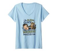 Mujer Mi Despertador Tiene Bigotes, no Tiene botón de repetición, Gato Camiseta Cuello V