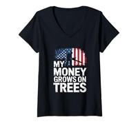Mujer Mi dinero crece en los árboles Arborista de la bandera estadounidense Camiseta Cuello V