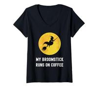 Mujer Mi Escoba se Ejecuta en café Volando Bruja Amante de la cafeína Camiseta Cuello V