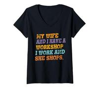 Mujer Mi Esposa y yo Tengo un Taller Trabajo & Ella Compra Marido Divertido Camiseta Cuello V