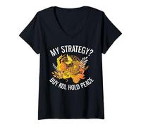 Mujer ¿Mi Estrategia? Comprar Koi, Mantener la Paz Funny Investing Camiseta Cuello V