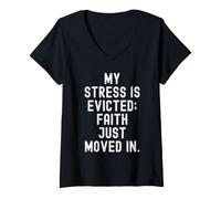 Mujer mi estrés es desalojado fe Acaba de moverse en Inspiración Camiseta Cuello V