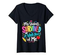 Mujer Mi Estudiante sobrevivió Todo el año de mí Maestro de Escuela del último día Camiseta Cuello V