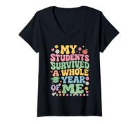 Mujer Mi Estudiante sobrevivió Todo el año de mí Maestro de Escuela del último día Camiseta Cuello V