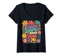 Mujer Mi Estudiante sobrevivió Todo el año de mí Maestro de Escuela del último día Camiseta Cuello V