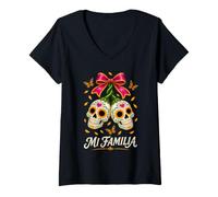 Mujer Mi Familia - Arte de Calaveras y Mariposas monarca Camiseta Cuello V
