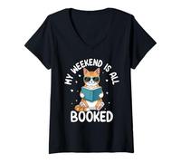 Mujer Mi Fin de Semana está Reservado Amante de la Lectura de Gatos Camiseta Cuello V