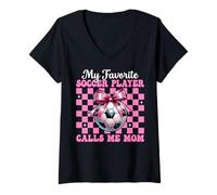 Mujer Mi futbolista favorito me llama mamá mamá Día de la Madre Camiseta Cuello V
