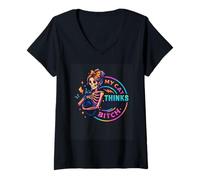 Mujer Mi Gato Piensa Que Eres una Perra Esqueleto Camiseta Cuello V