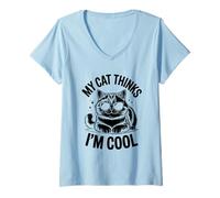 Mujer Mi gato piensa que soy genial, amante de los gatos, felinos, maullidos, adoran a los gatos Camiseta Cuello V