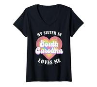 Mujer Mi Hermana en Carolina del Sur Me ama Corazón Retro Groovy USA Camiseta Cuello V