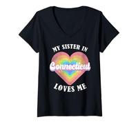 Mujer Mi Hermana en Connecticut me ama Heart Retro Groovy USA Camiseta Cuello V