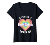 Mujer Mi Hermana en Dakota del Sur Me ama Corazón Retro Groovy USA Camiseta Cuello V