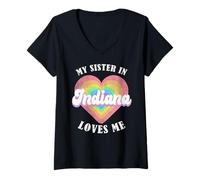 Mujer Mi Hermana en Indiana me ama Heart Retro Groovy USA Camiseta Cuello V