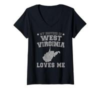 Mujer Mi Hermano en West Virginia me ama América Vintage State Camiseta Cuello V