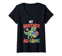 Mujer Mi hermano es Au-Some Dinosaurio Concientización sobre el autismo Camiseta Cuello V