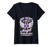Mujer Mi héroe es Ahora mi ángel Concientización sobre el cáncer de páncreas Camiseta Cuello V
